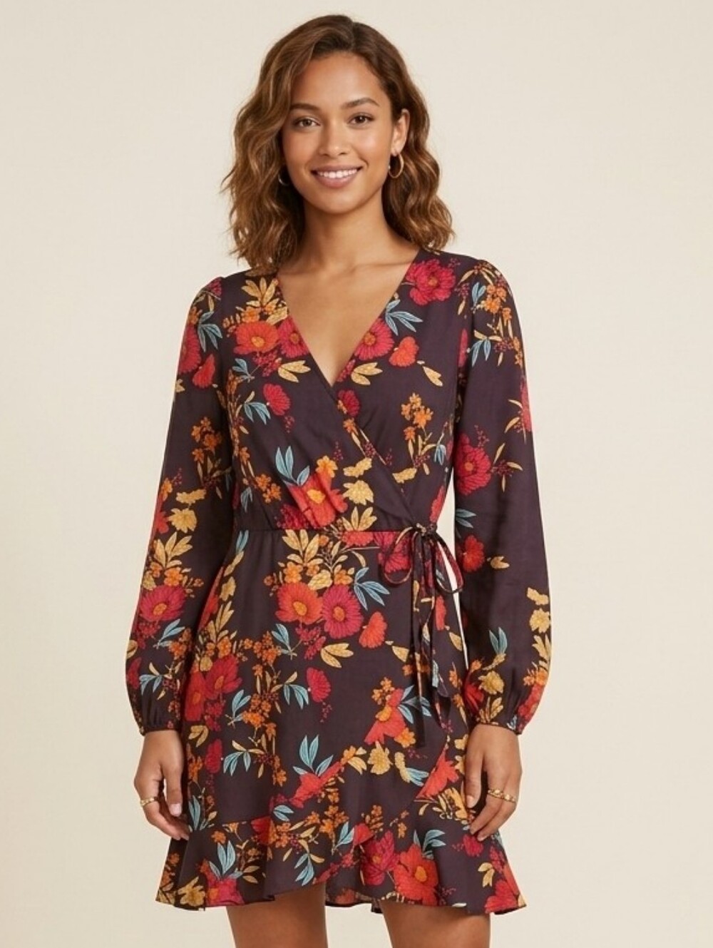Cupshe Heart to Heart Floral Wrap Mini Dress Long Sleeve Black Red S